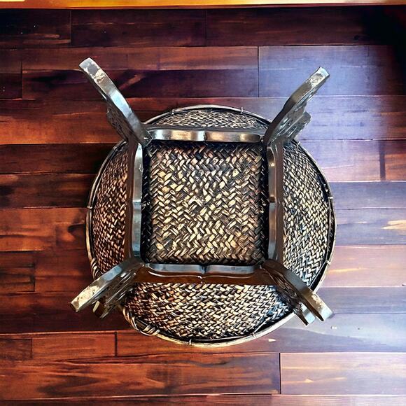Rattan & Bamboo Basket Planter-Vintage Asian Hand-Woven-Wood Stand-Boho-Storage - Picture 5 of 7